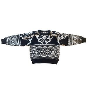 Vtg Women S Erika Petites Black White Nordic Fair Isle Print Pullover Sweater